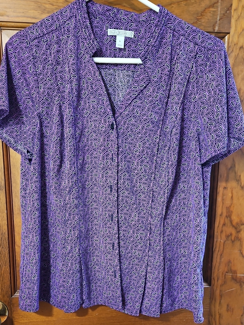 Dana Buchman Purple Leaf-Print Short Sleeve Button Down